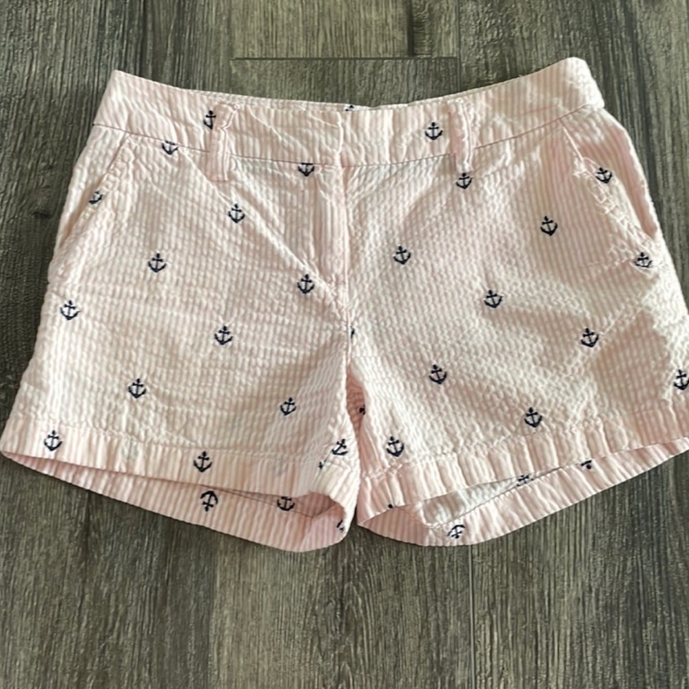 British Khaki | Seersucker Pink Pinstripe Cotton Embroidered Anchor Chino Shorts